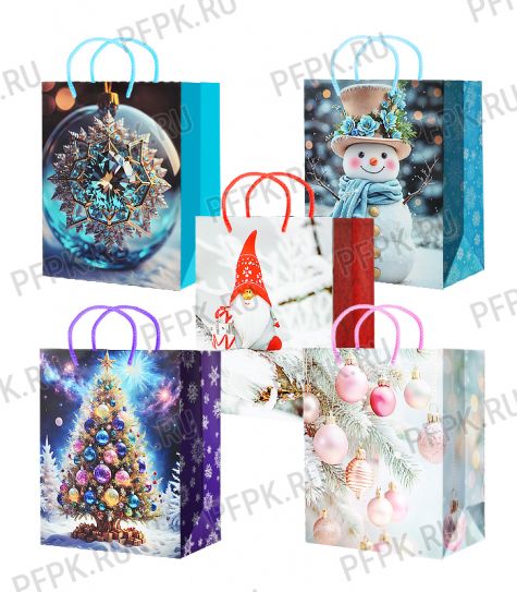 НГ сумочка бумажная 18х22х10 МЕГА (M) M25-231/232/233/234/235 (Шары, Снеговик) [10/200]