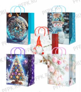 НГ сумочка бумажная 18х22х10 МЕГА (M) M25-231/232/233/234/235 (Шары, Снеговик) [10/200]