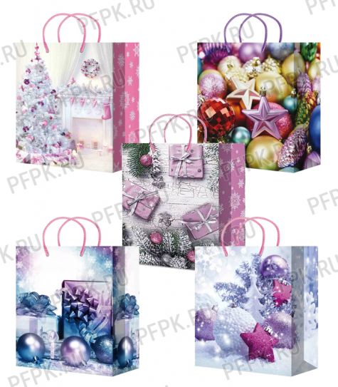 НГ сумочка бумажная 26х32х13 МЕГА (L) L-324/325/326/327/328 (Шары, Розовый подарок) [10/200]