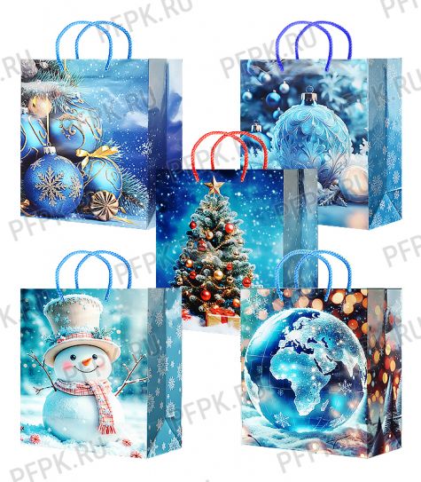 НГ сумочка бумажная 26х32х13 МЕГА (L) L25-321/322/323/324/325 (Снеговик, Шары) [10/200]