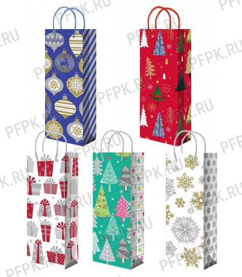 НГ сумочка бумажная под бутылку 12х36х8 МЕГА (B) B-454/455/456/457/458 (Снежинки, елочки) [10/200]