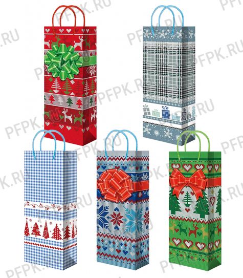 НГ сумочка бумажная под бутылку 12х36х8 МЕГА (B) B-459/460/461/462/463 (Новогодний орнамент) [10/200]