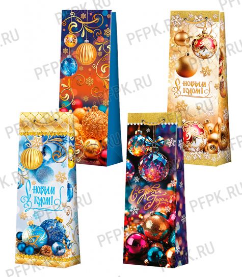 НГ сумочка бумажная под бутылку 12х36х8 МЕГА (B) B(123х78х362)-НГ МИКС №4  (4 дизайна) [12/360]