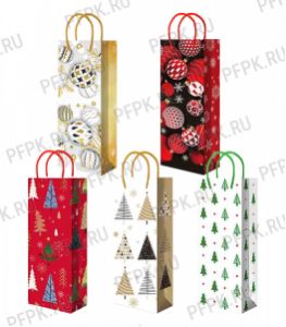 НГ сумочка бумажная под бутылку 12х36х8 МЕГА (B) B25-426/427/428/429/430 (Елочки, Шары) [10/200]