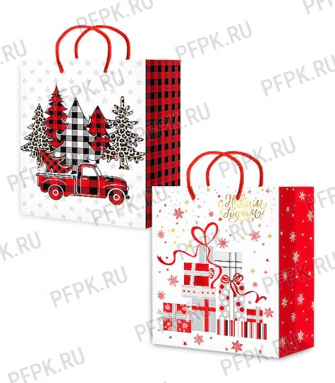 НГ сумочка бумажная 11х13х6 МЕГА (S) S25-111/112 (Елочки, Подарки) [10/200]
