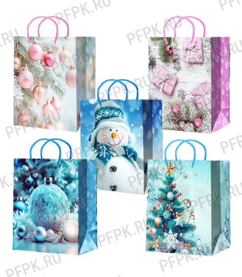 НГ сумочка бумажная 11х13х6 МЕГА (S) S25-106/107/108/109/110 (Шары, Снеговики) [10/200]