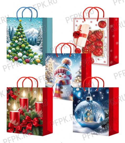 НГ сумочка бумажная 32х44х10 МЕГА (XL) XL25-526/527/528/529/530 (Снеговик, Шары) [10/200]