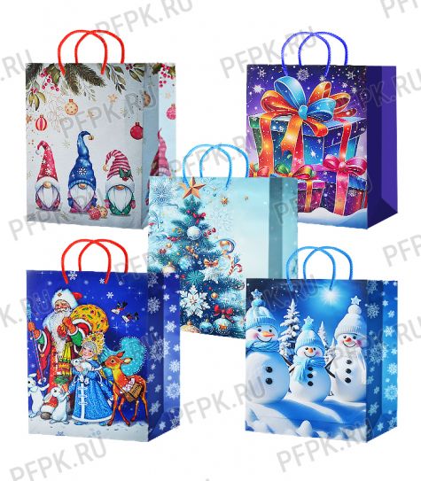 НГ сумочка бумажная 32х44х10 МЕГА (XL) XL25-516/517/518/519/520 (Снеговики, Дед Мороз) [10/200]