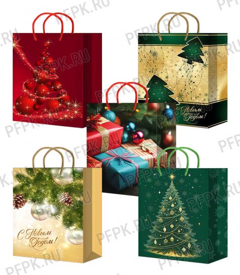 НГ сумочка бумажная 32х44х10 МЕГА (XL) XL25-521/522/523/524/525 (Елочки, Подарки) [10/200]