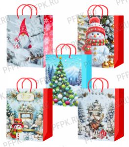 НГ сумочка бумажная 32х44х10 МЕГА (XL) XL26-53600/53700/53800/53900/54000 (Гномик, Снеговик в шарфе) [10/200]