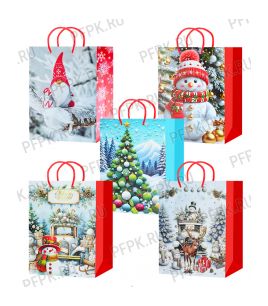 НГ сумочка бумажная 32х44х10 МЕГА (XL) XL26-53600/53700/53800/53900/54000 (Гномик, Снеговик в шарфе) [10/200]