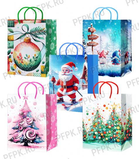 НГ сумочка бумажная 14х20х6,5 МЕГА (MS) MS25-621/622/623/624/625 (Дед Мороз, Елочки) [10/200]
