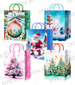 НГ сумочка бумажная 14х20х6,5 МЕГА (MS) MS25-621/622/623/624/625 (Дед Мороз, Елочки) [10/200]