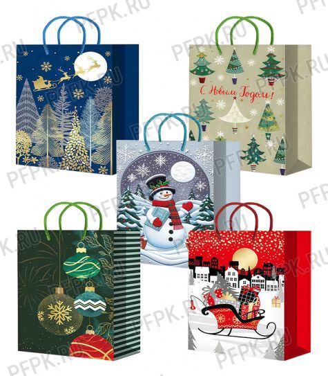 НГ сумочка бумажная 14х20х6,5 МЕГА (MS) MS25-631/632/633/634/635 (Снеговики, Елочки) [10/200]