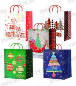 НГ сумочка бумажная 22х31х10 МЕГА (ML) ML25-726/727/728/729/730 (Елочки, Подарки) [10/200]