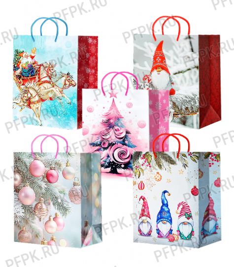 НГ сумочка бумажная 22х31х10 МЕГА (ML) ML25-716/717/718/719/720 (Гномики, Шарики) [10/200]