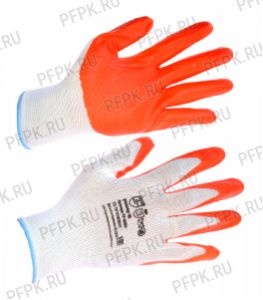 Перчатки нейлоновые с нитриловым обливом (35 гр) Белые с оранжевым обливом [12/600]