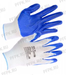 Перчатки нейлоновые с нитриловым обливом (35 гр) Белые с синим обливом [12/600]