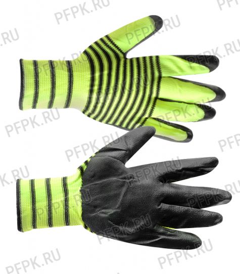 Перчатки нейлоновые с нитриловым обливом (35 гр) Салатовые с черным обливом [12/960]