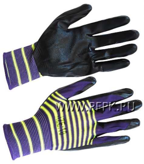 Перчатки нейлоновые с нитриловым обливом (35 гр) Цветные с черным обливом [12/960]