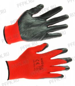 Перчатки нейлоновые с нитриловым обливом (35 гр) Красные с черным обливом [12/960]