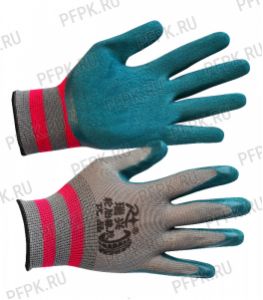 Перчатки нейлоновые с вспененным латексом Серые с зеленым обливом [10/840]