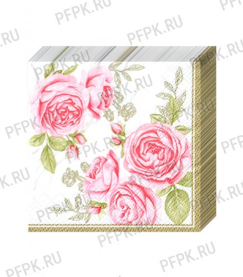Салфетки бум. BOUQUET de LUXE 24х24, 3-сл.,с рис. (25 листов) Роза с золотыми листьями [15/15]