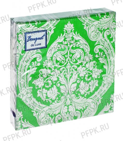 Салфетки бум. BOUQUET de LUXE 24х24, 3-сл.,с рис. (25 листов) Royal (серебро) на зеленом [15/15]