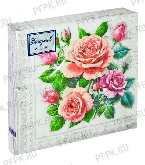 Салфетки бум. BOUQUET de LUXE 24х24, 3-сл.,с рис. (25 листов) Розы в рамке.Серебро [15/15]