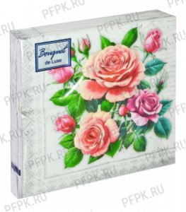 Салфетки бум. DESNA BOUQUET de LUXE 24х24, 3-сл.,с рис. (25 листов) Розы в рамке.Серебро [15/15]