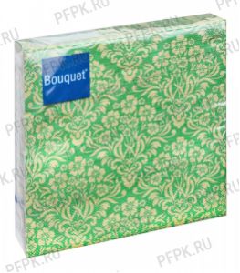 Салфетки бум. BOUQUET 33х33, 3-сл.,с рис. (20 листов) Орнамент с цветами.Золото на зеленом [12/12]