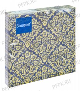Салфетки бум. BOUQUET 33х33, 3-сл.,с рис. (20 листов) Орнамент с цветами.Золото на синем [12/12]