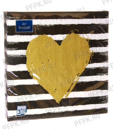 Салфетки бум. DESNA BOUQUET 33х33, 3-сл.,с рис. (20 листов) Золотое сердце на черном [12/12]