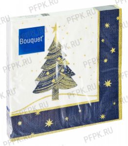 Салфетки НГ бум. BOUQUET 33х33, 3-сл.,с рис. (20 листов) Новогодняя ель в синей рамке с золотом [12/12]