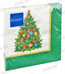 Салфетки НГ бум. BOUQUET 33х33, 3-сл.,с рис. (20 листов) Сказочная ель с новогодними шарами. Зеленая рамка [12/12]
