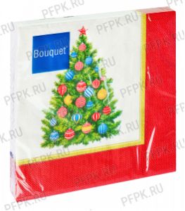 Салфетки НГ бум. BOUQUET 33х33, 3-сл.,с рис. (20 листов) Сказочная ель с новогодними шарами. Красная рамка [12/12]