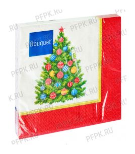 Салфетки НГ бум. BOUQUET 33х33, 3-сл.,с рис. (20 листов) Сказочная ель с новогодними шарами. Красная рамка [12/12]