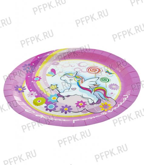 Тарелка бумажная 180 мм Единорожка розовый [500/500]