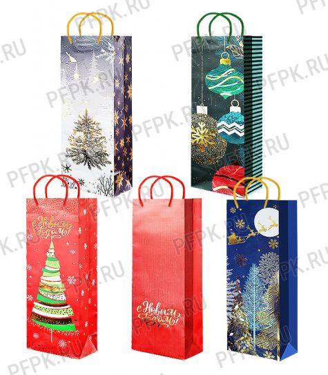 НГ сумочка бумажная под бутылку 12х36х100 МЕГА (BР) BР25- 4011/4012/4013/4014/4015 (Елочки, Шары) [10/200]