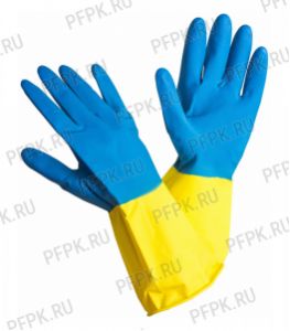 Перчатки латексные хозяйственные БИКОЛОР (сине-желтые) M (BICOLO2 Komfi) [12/144]