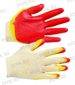 Перчатки х/б с 2-м латексным покрытием (без индивид.упак.) Красно-желтые 13-кл. (ЛТ-37) [10/300]